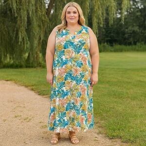 Chicos NWT liquid knit palm praise tropical floral maxi dress size 4 XXL 20